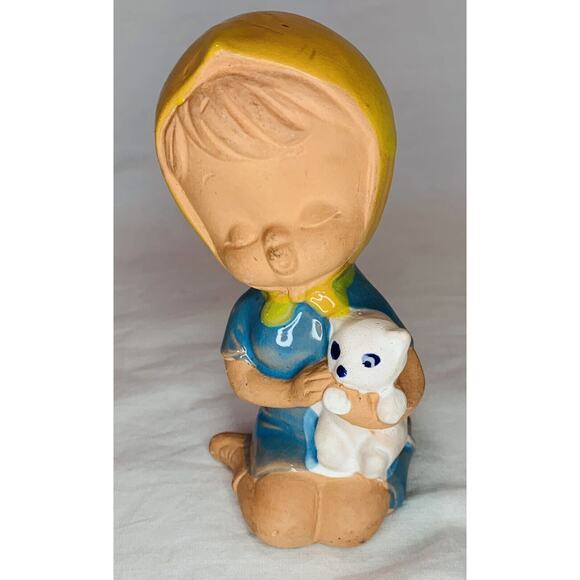 Uctci Japan Figurine Girl Pottery Red Clay 5" Vintage 1960s MCM Blue Dress Cat - Picture 2 of 11